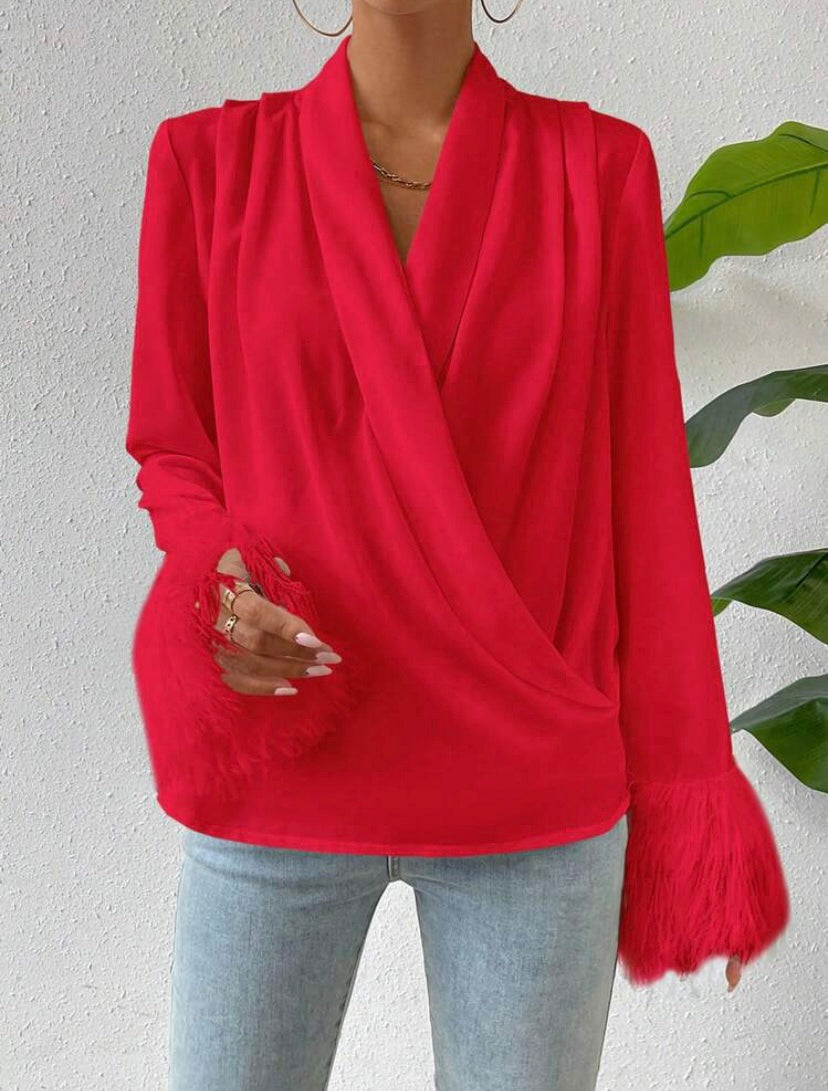 CM-TS349939 Women Elegant Seoul Style V-Neck Solid Fringe Cuff Wrap Blouse - Red