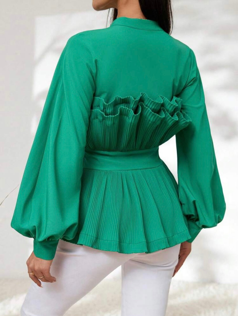 CM-TS240043 Women Elegant Seoul Style Ruffle Trim Lantern Sleeve Peplum Blouse - Dark Green