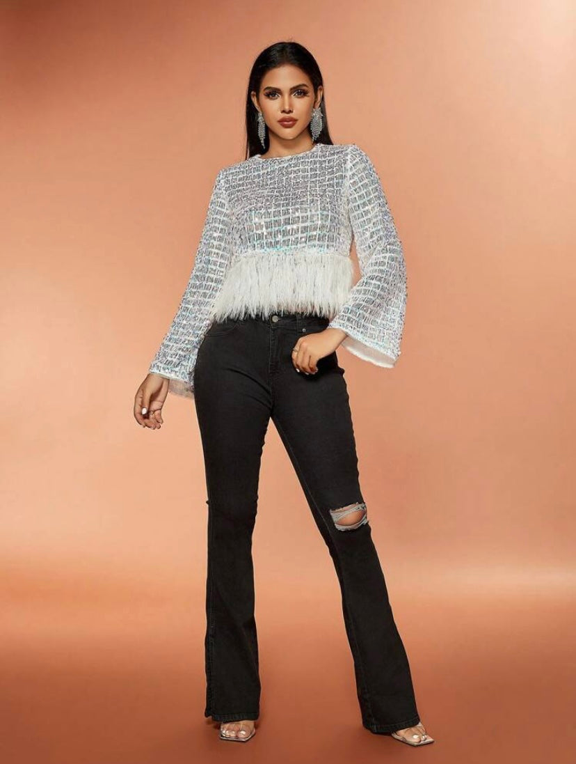 CM-TS504002 Women Elegant Seoul Style Round Neck Long Sleeve Fuzzy Hem Sequin Tee - White