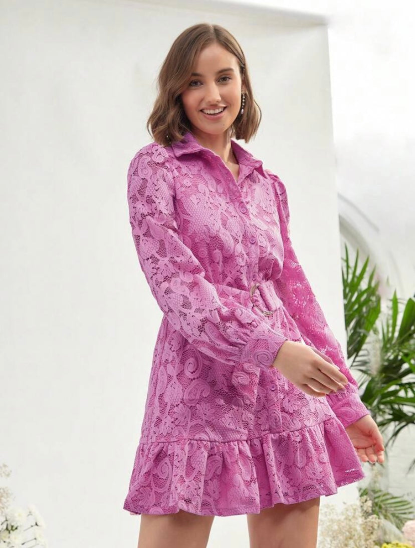 CM-DS410010 Women Elegant Seoul Style Floral Jacquard Ruffle Hem Belted Shirt Dress - Pink
