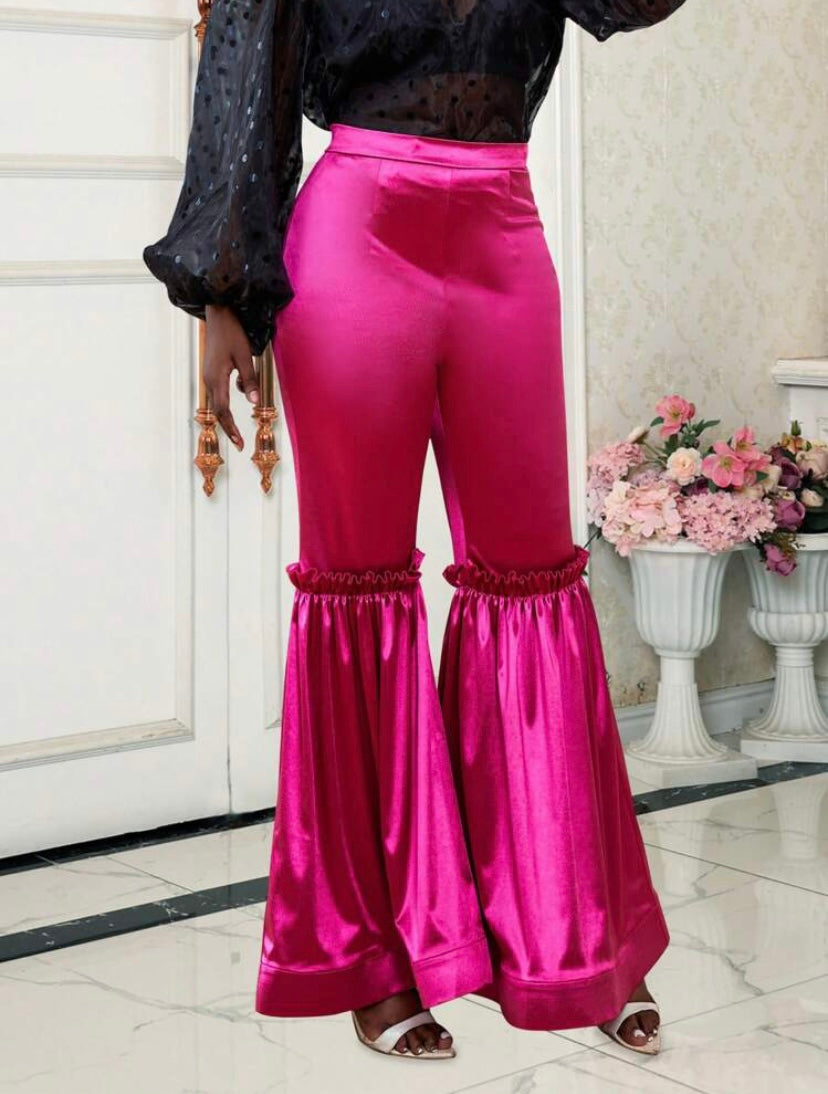 CM-BS060279 Women Elegant Seoul Style Frill Trim Flare Leg Satin Pants - Hot Pink