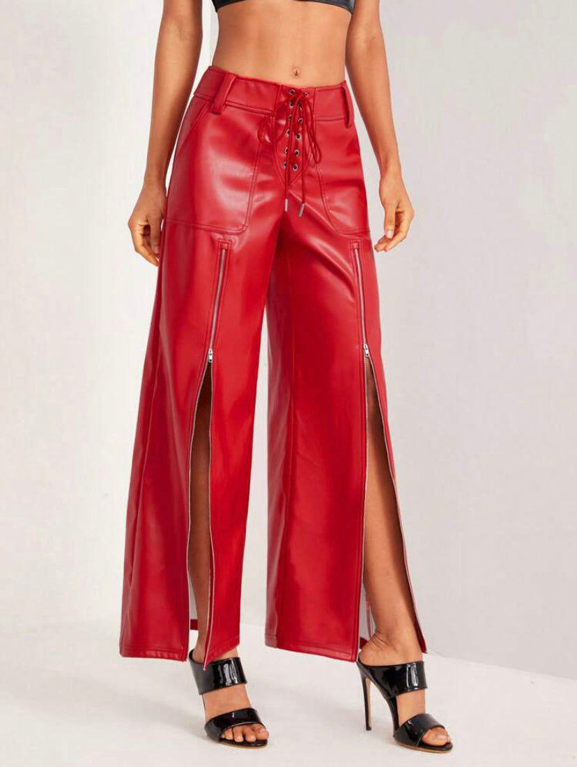 CM-BS616911 Women Elegant Seoul Style PU Leather Lace Up Front Wide Leg Pants - Red