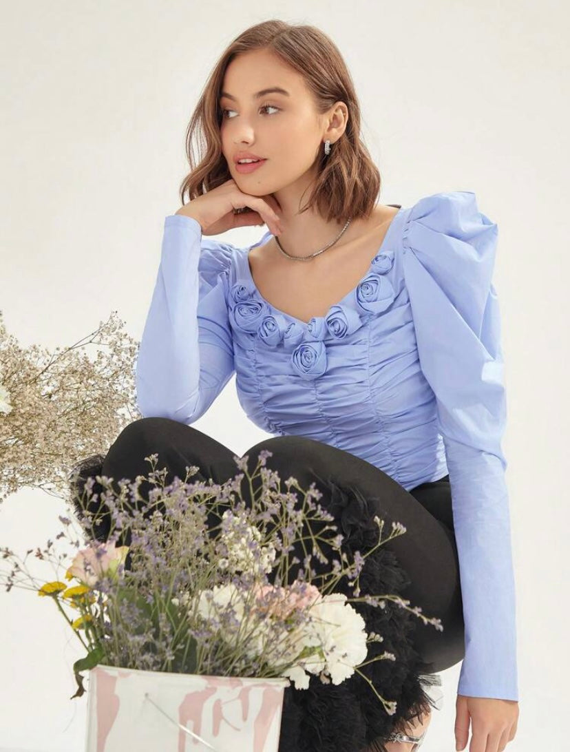 CM-TS914909 Women Elegant Seoul Style Ruched Front Gigot Sleeve Blouse - Blue