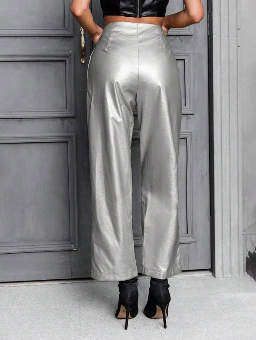 CM-BS275326 Women Elegant Seoul Style Metallic Straight Leg Pants - Silver