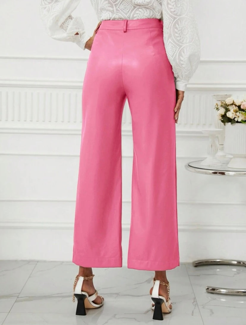 CM-BS550404 Women Casual Seoul Style High Waist PU Leather Wide Leg Pants - Hot Pink