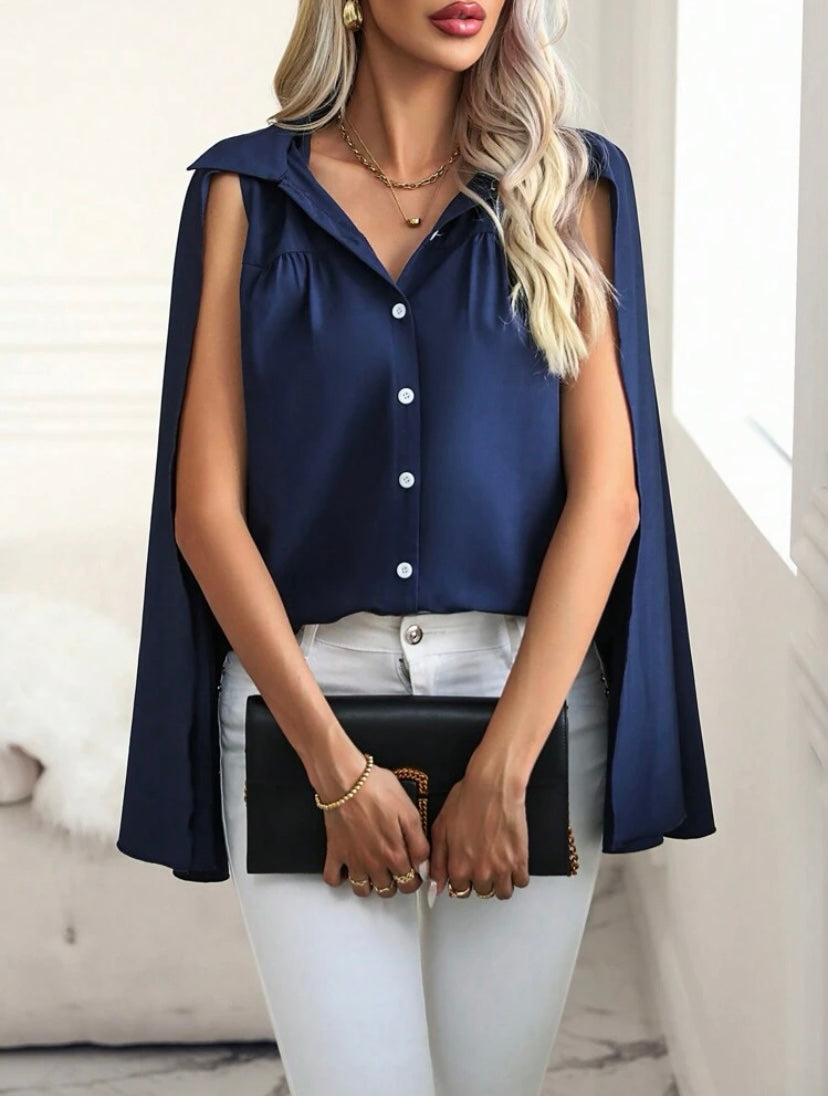 CM-TS331615 Women Casual Seoul Style Cloak Sleeve Button Front Shirt - Navy Blue