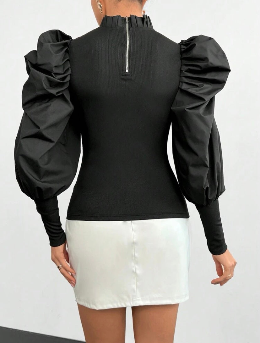 CM-TS365112 Women Casual Seoul Style Mock Neck Cut Out Front Gigot Sleeve Frill Trim Top