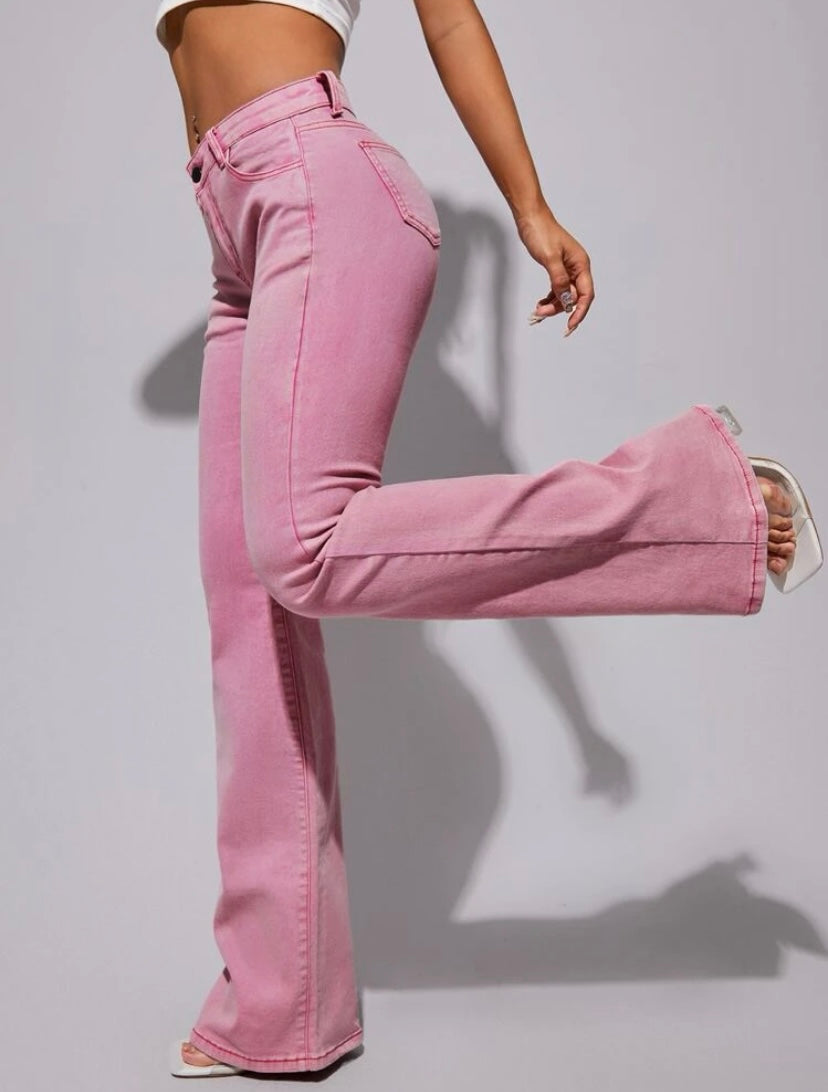 CM-BS535930 Women Casual Seoul Style Drop Waist Washed Flare Leg Jeans - Pink