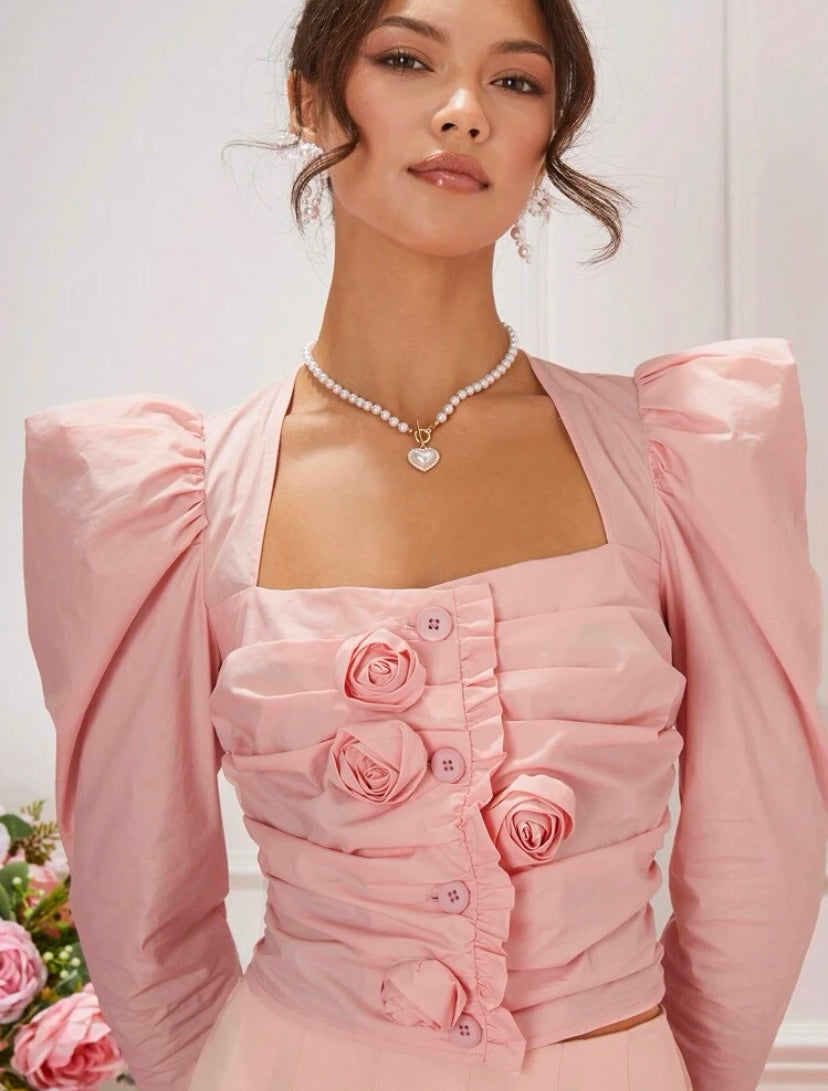 CM-TS544014 Women Elegant Seoul Style Leg Of Mutton Sleeves 3D Floral Pleated Shirt - Pink