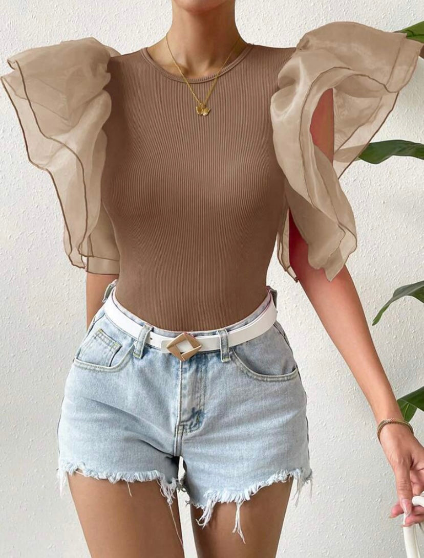 CM-TS121422 Women Casual Seoul Style Contrast Mesh Butterfly Sleeve Bodysuit - Coffee Brown