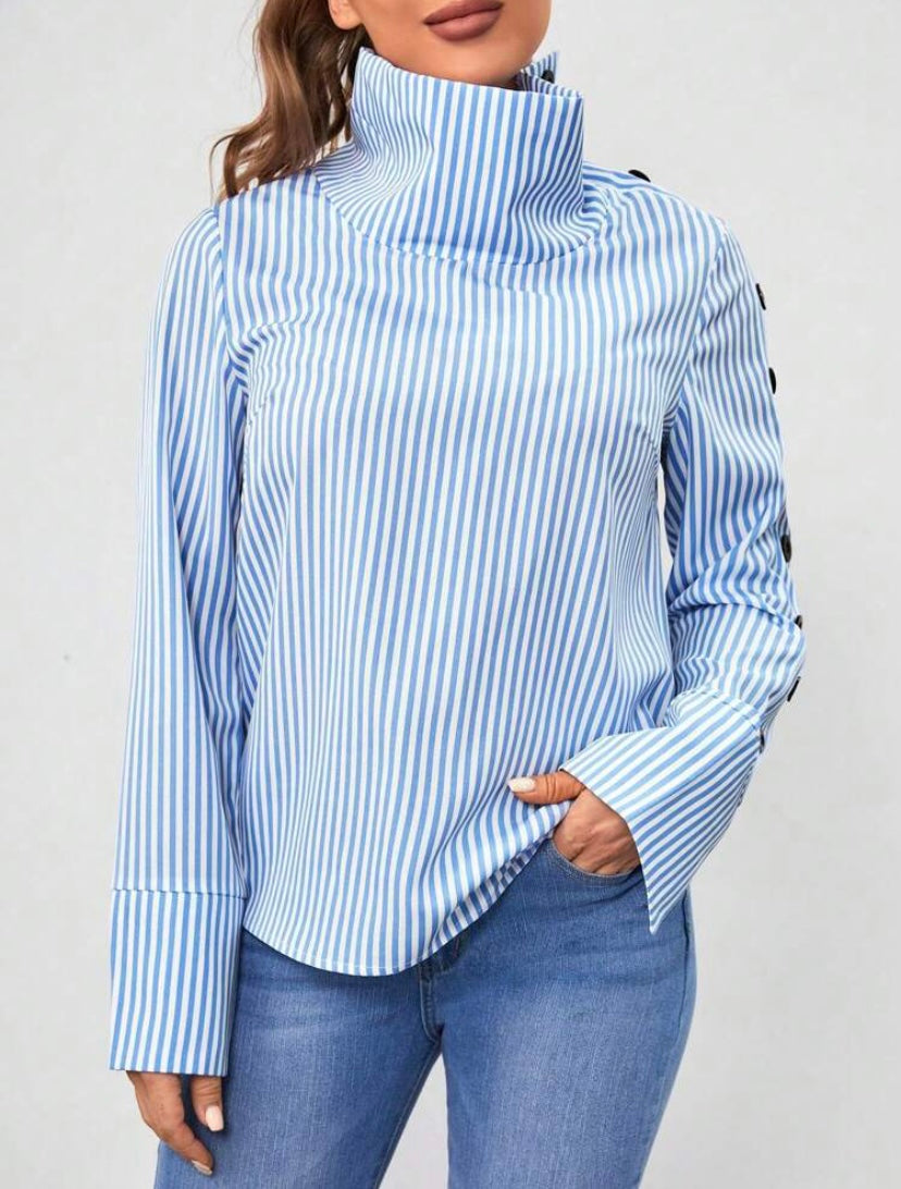 CM-TS363791 Women Casual Seoul Style Striped Print Button Detail High Neck Blouse
