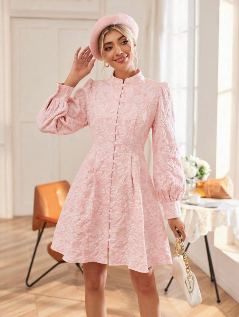 CM-DS779971 Women Elegant Seoul Style Jacquard Mock Neck Lantern Sleeve Ruffle Hem Dress
