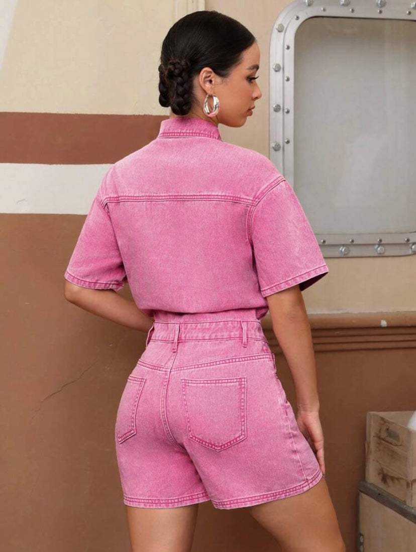 CM-JS317127 Women Casual Seoul Style Flap Pocket Button Front Denim Romper - Pink