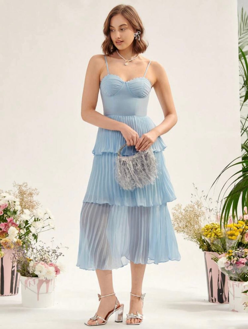 CM-DS481868 Women Elegant Seoul Style Layered Pleated Hem Cami Dress - Blue