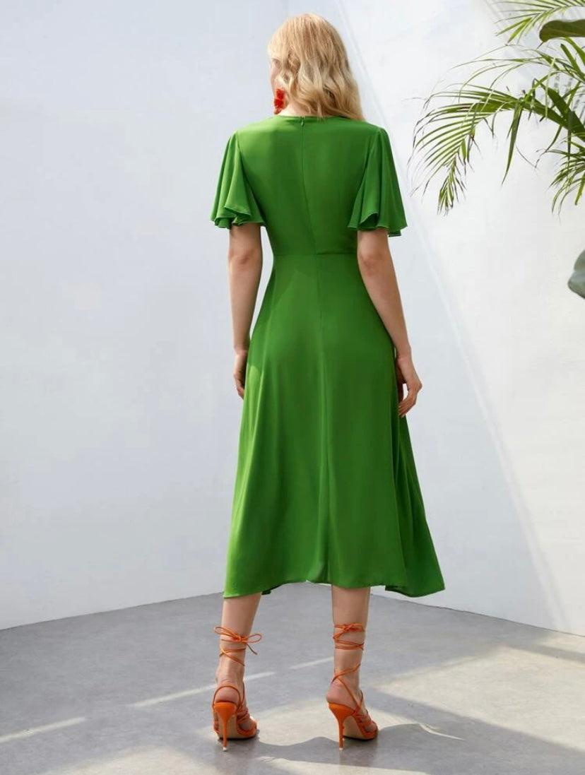 CM-DS370021 Women Elegant Seoul Style Butterfly Sleeve Button Front A-Line Dress - Green