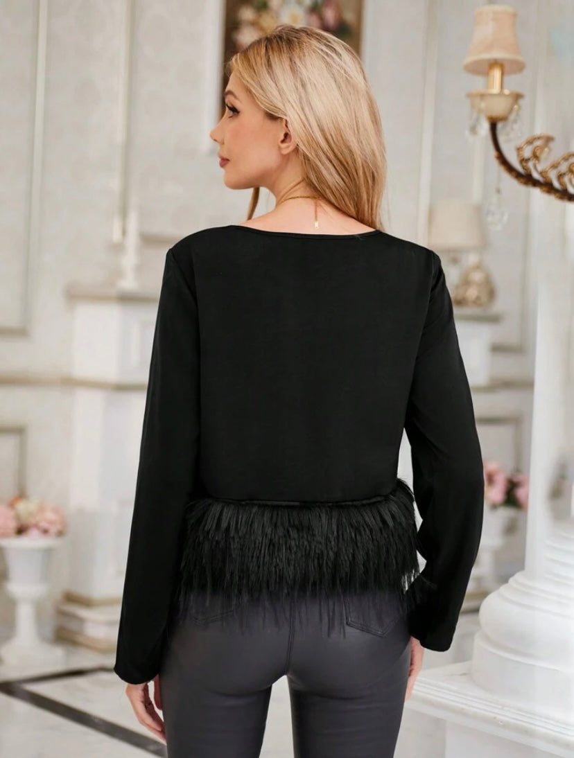 CM-TS264896 Women Elegant Seoul Style Round Neck Solid Fuzzy Hem Blouse - Black