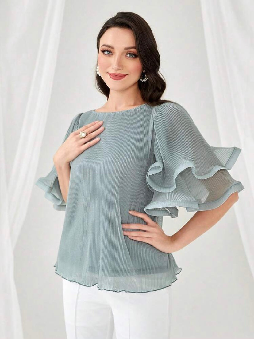 CM-TS277229 Women Elegant Seoul Style Round Neck Solid Flare Sleeve Blouse - Mint Green