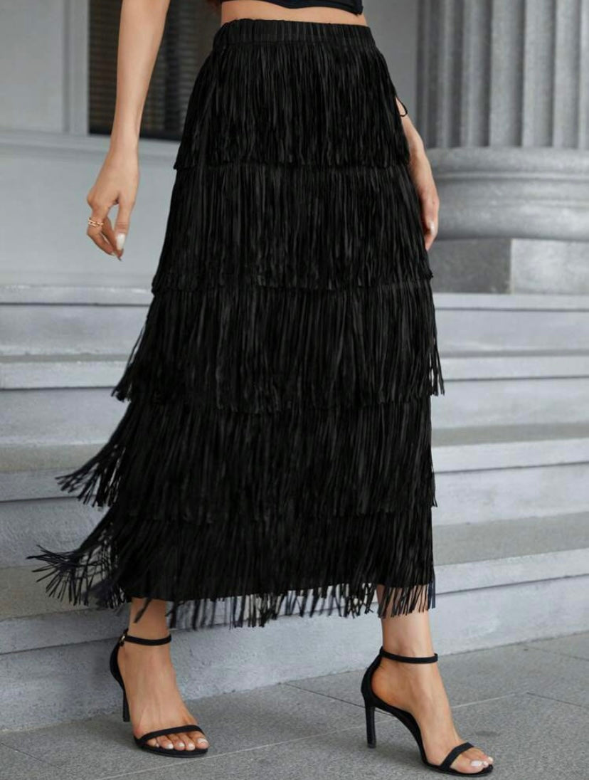 CM-BS329230 Women Elegant Seoul Style Solid Layered Fringe Trim Skirt - Black