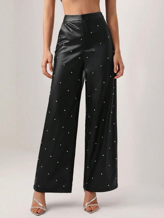 CM-BS985508 Women Elegant Seoul Style Rhinestone Detail Wide Leg Pants - Black