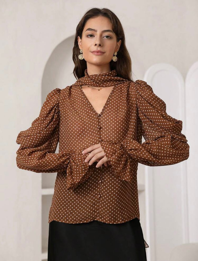 CM-TS400486 Women Elegant Seoul Style Polka Dot Print Choker Neck Flounce Sleeve Blouse