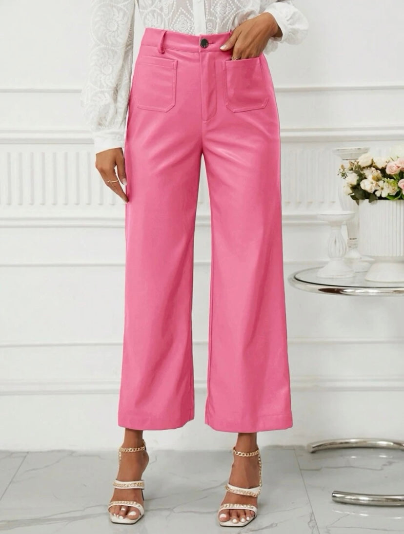 CM-BS550404 Women Casual Seoul Style High Waist PU Leather Wide Leg Pants - Hot Pink