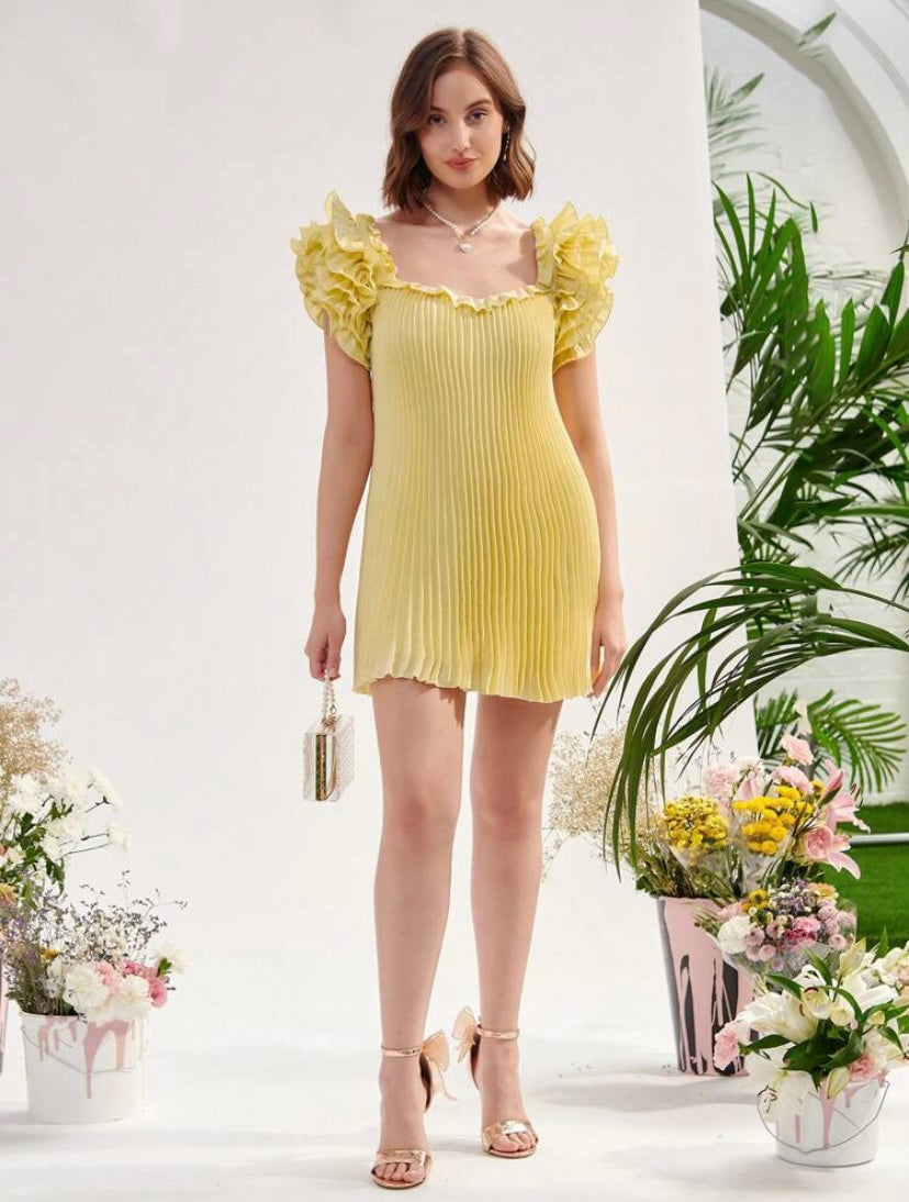 CM-DS949574 Women Elegant Seoul Style Pleated Detail Ruffle Trim Plisse Dress - Yellow