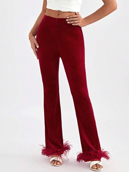 CM-BS913402 Women Elegant Seoul Style Fuzzy Hem Velvet Flare Leg Pants