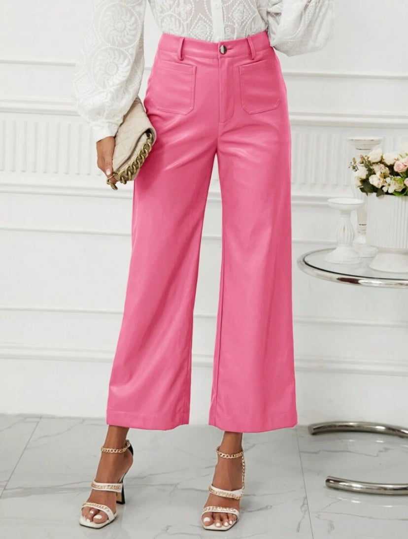 CM-BS550404 Women Casual Seoul Style High Waist PU Leather Wide Leg Pants - Hot Pink