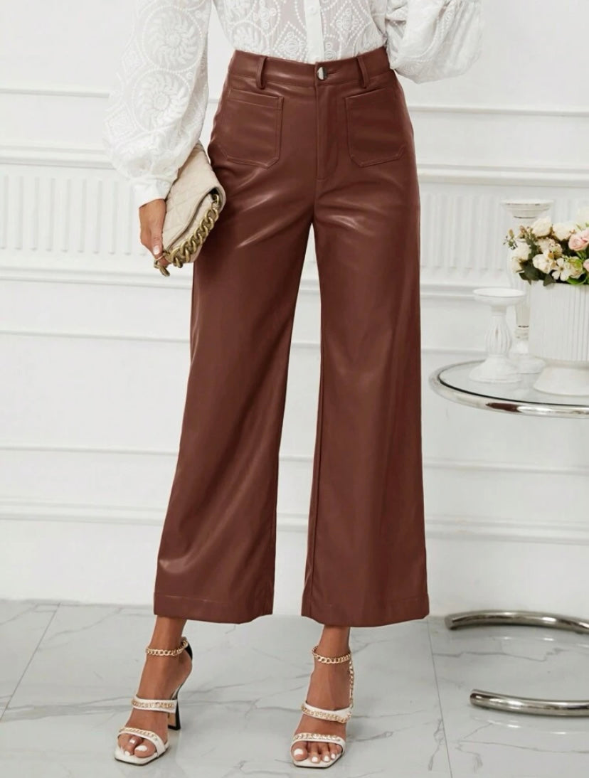 CM-BS519174 Women Casual Seoul Style High Waist PU Leather Wide Leg Pants - Coffee Brown