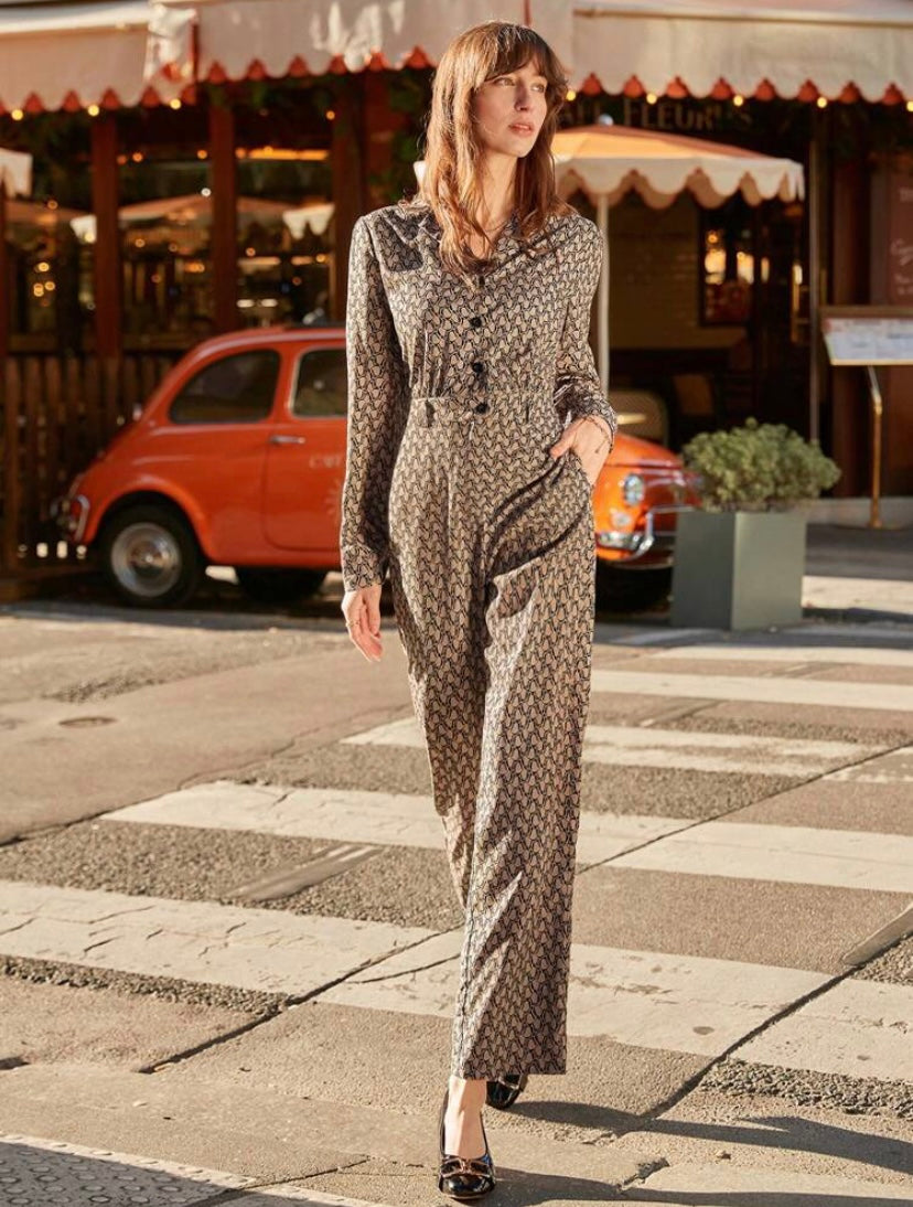 CM-JS173702 Women Elegant Seoul Style Allover Print Button Front Shirt Jumpsuit