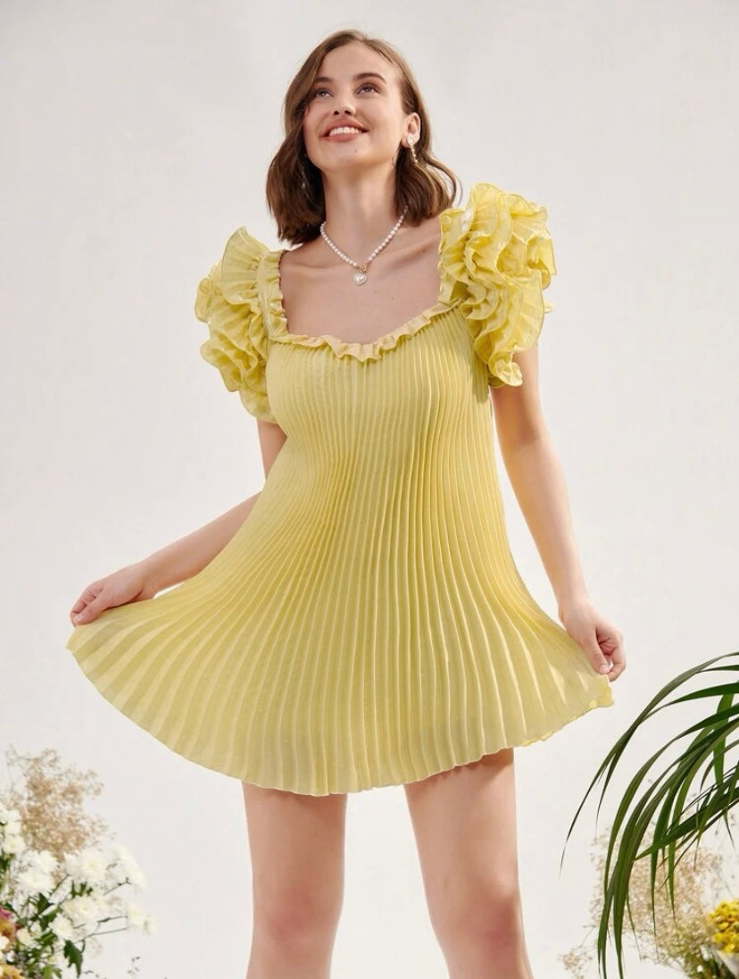 CM-DS949574 Women Elegant Seoul Style Pleated Detail Ruffle Trim Plisse Dress - Yellow