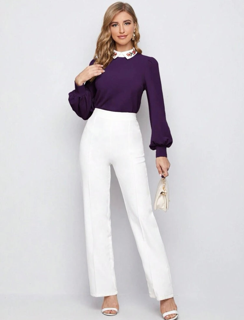 CM-TS932112 Women Casual Seoul Style Contrast Collar Lantern Sleeve Embroidery Floral Top