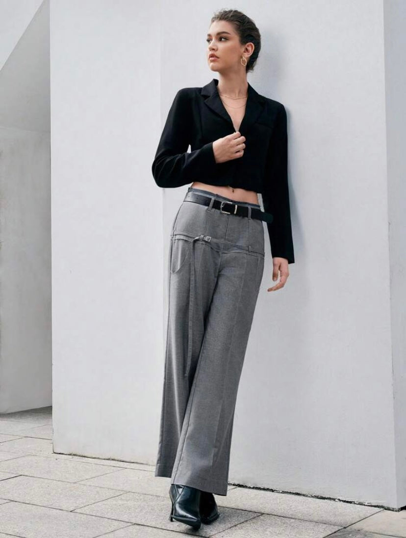 CM-BS899867 Women Elegant Seoul Style Zipper Fly Solid Straight Leg Pants - Gray