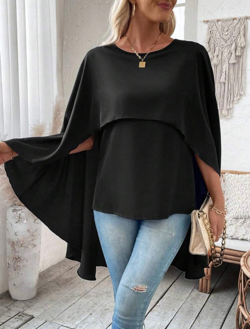 CM-TS773506 Women Casual Seoul Style Round Neck Batwing Sleeve Cape Irregular Hem Shirt