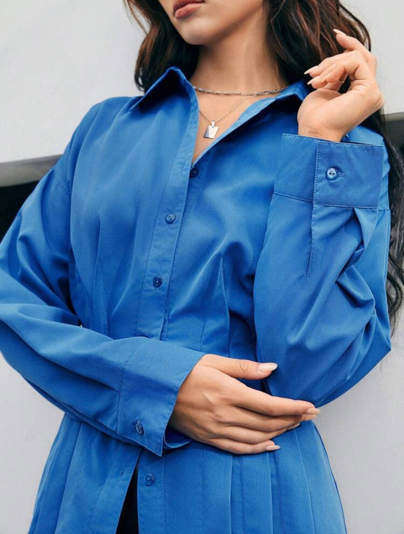 CM-TS002025 Women Elegant Seoul Style Long Sleeve Blouse With Lapel - Blue