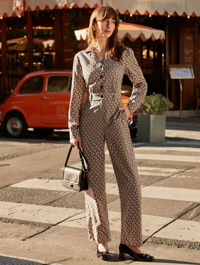 CM-JS173702 Women Elegant Seoul Style Allover Print Button Front Shirt Jumpsuit