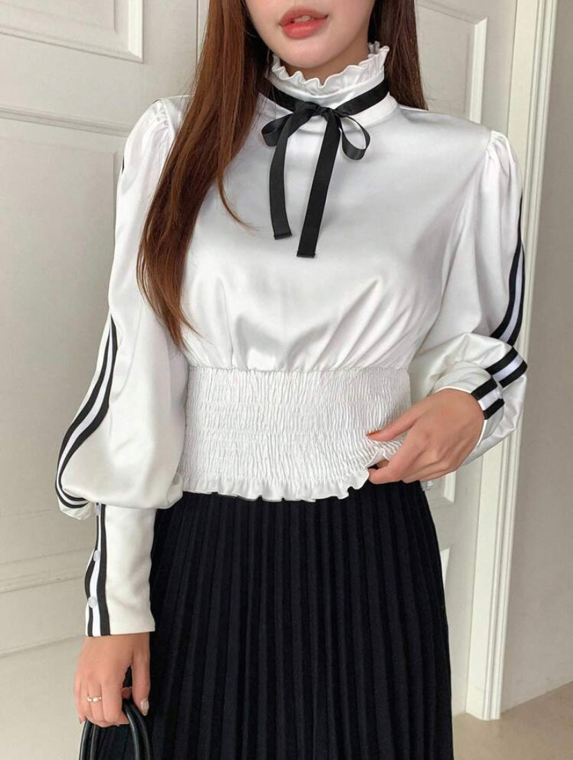 CM-TS324533 Women Elegant Seoul Style Frill Trim Tie Neck Lantern Sleeve Blouse - White
