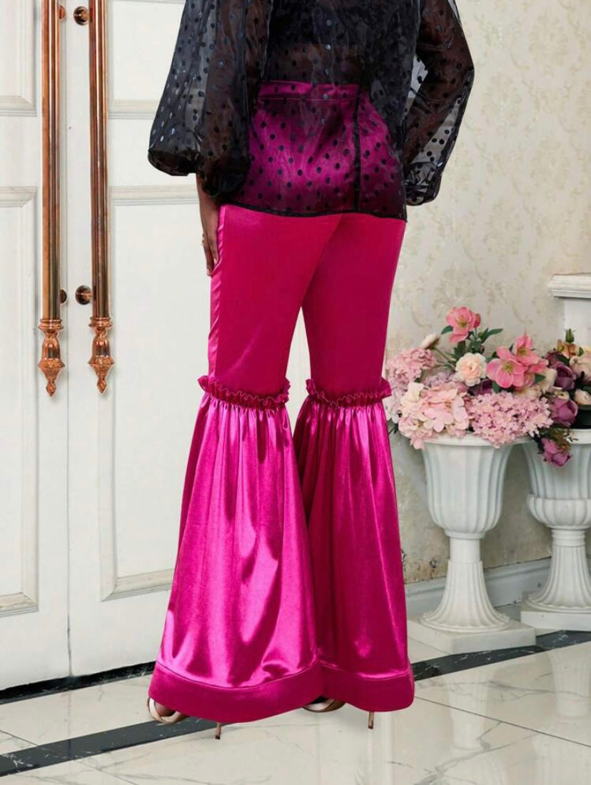 CM-BS060279 Women Elegant Seoul Style Frill Trim Flare Leg Satin Pants - Hot Pink