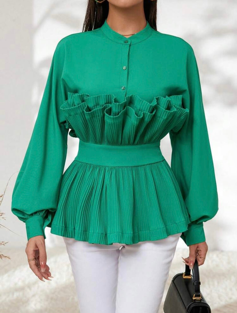 CM-TS240043 Women Elegant Seoul Style Ruffle Trim Lantern Sleeve Peplum Blouse - Dark Green