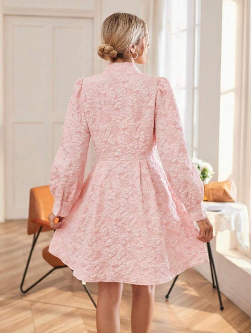 CM-DS779971 Women Elegant Seoul Style Jacquard Mock Neck Lantern Sleeve Ruffle Hem Dress