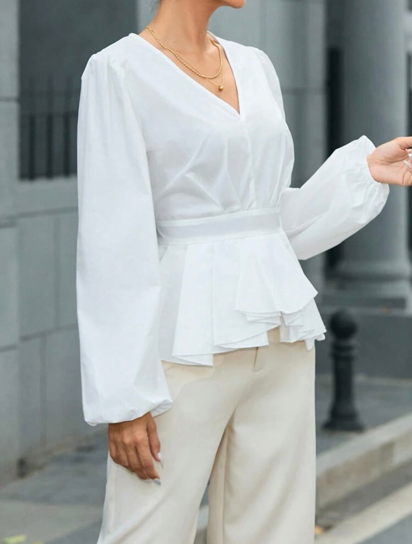 CM-TS250676 Women Elegant Seoul Style Lantern Sleeve Shirt With Ruffle Hem - White