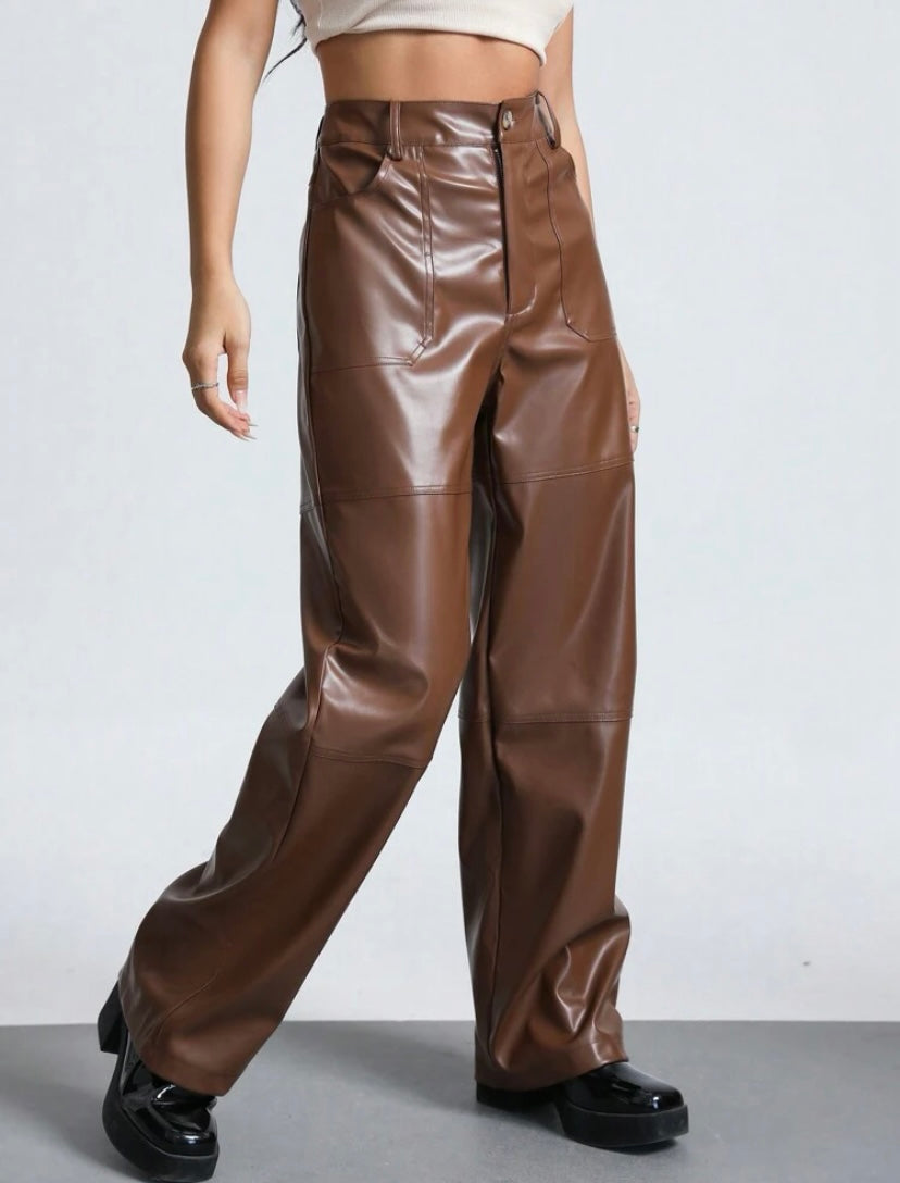 CM-BS155433 Women Elegant Seoul Style PU Leather Wide Leg Pants - Brown