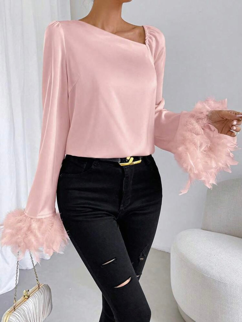 CM-TS892309 Women Elegant Seoul Style Asymmetrical Neck Fuzzy Cuff Satin Blouse - Pink
