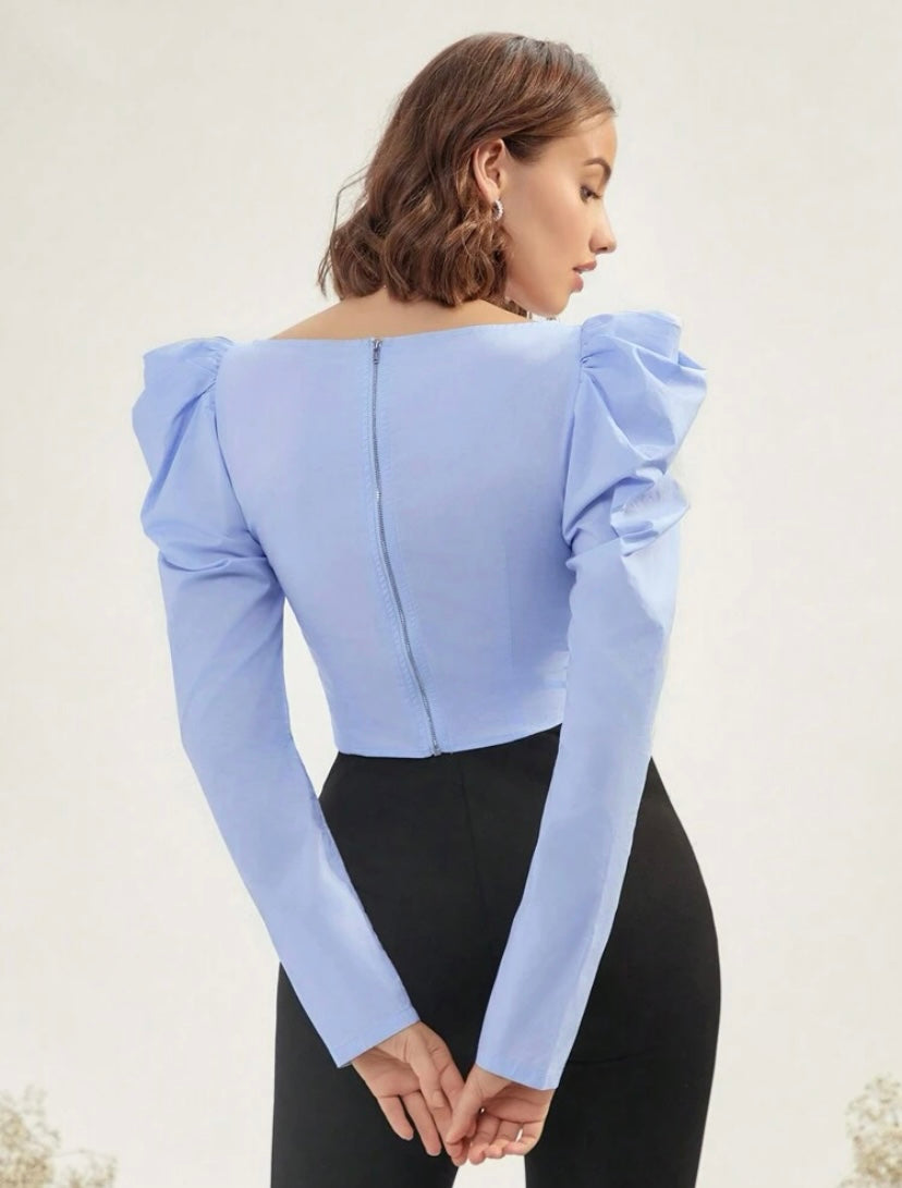 CM-TS914909 Women Elegant Seoul Style Ruched Front Gigot Sleeve Blouse - Blue