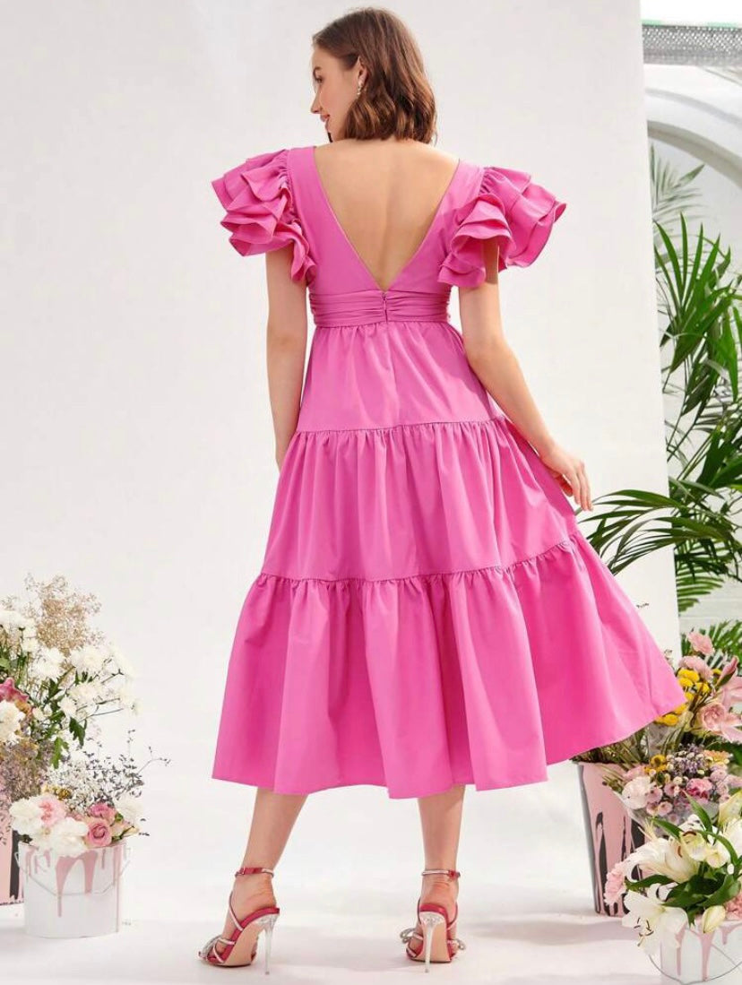 CM-DS385882 Women Elegant Seoul Style Plunging Neck Ruffle Hem Dress - Pink