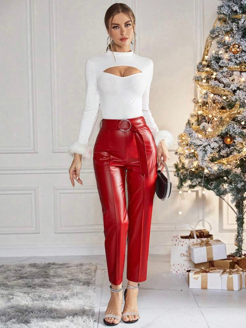 CM-BS798991 Women Elegant Seoul Style High Waist Belted PU Leather Pants - Red