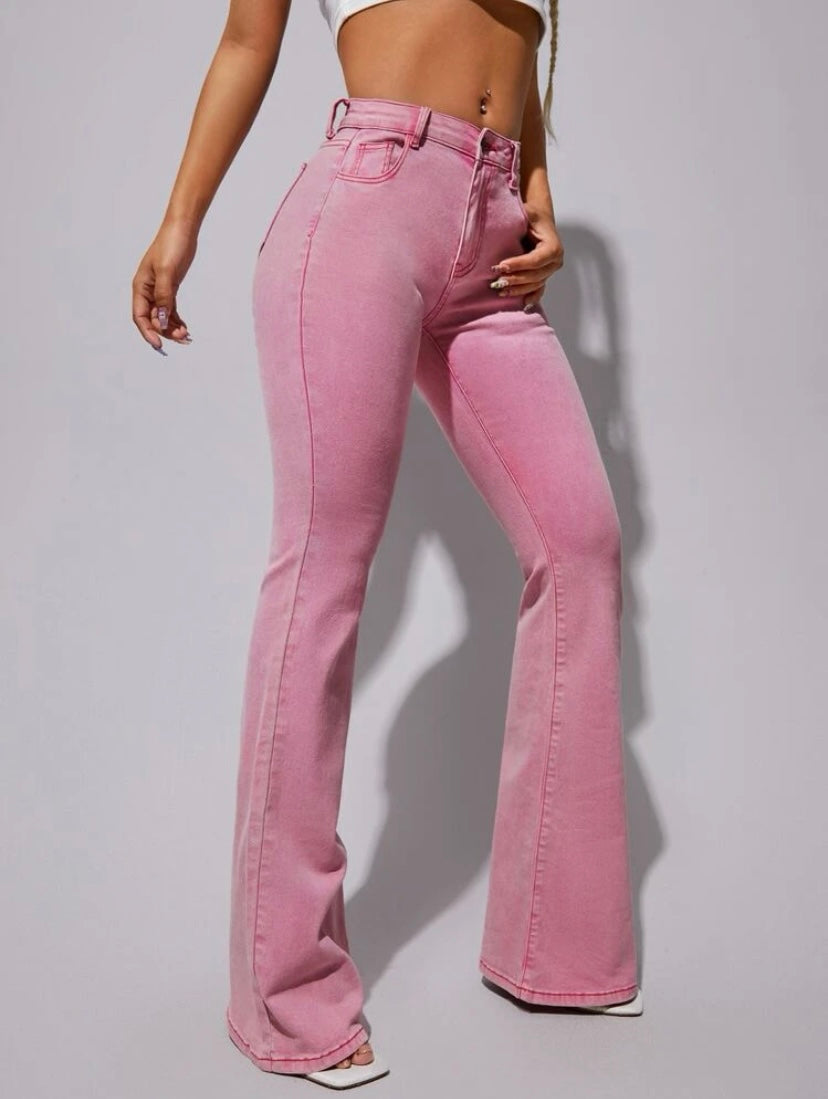 CM-BS535930 Women Casual Seoul Style Drop Waist Washed Flare Leg Jeans - Pink