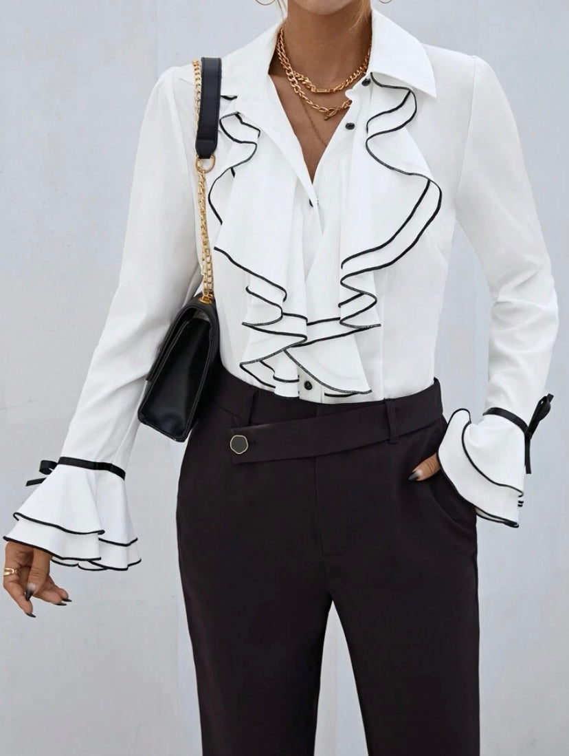 CM-TS615233 Women Elegant Seoul Style Contrast Binding Ruffle Trim Flare Sleeve Shirt