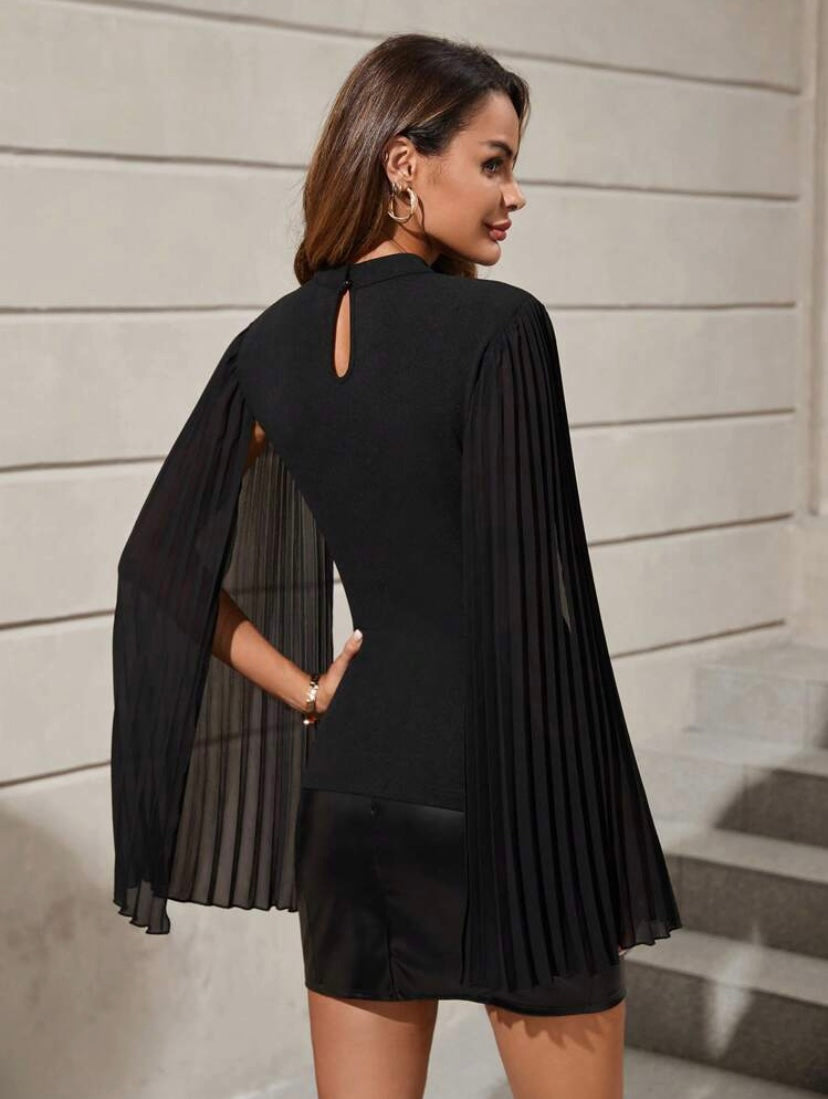CM-TS291016 Women Casual Seoul Style Mock Neck Cloak Sleeve Pleated Detail Top - Black