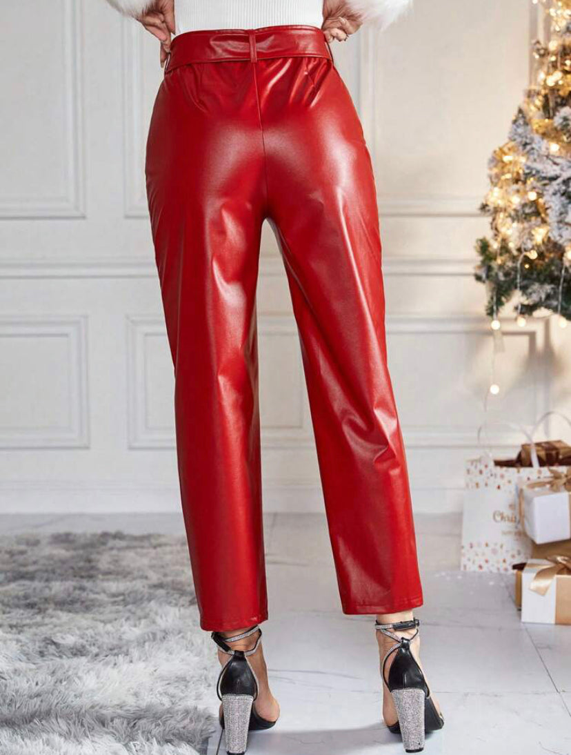 CM-BS798991 Women Elegant Seoul Style High Waist Belted PU Leather Pants - Red